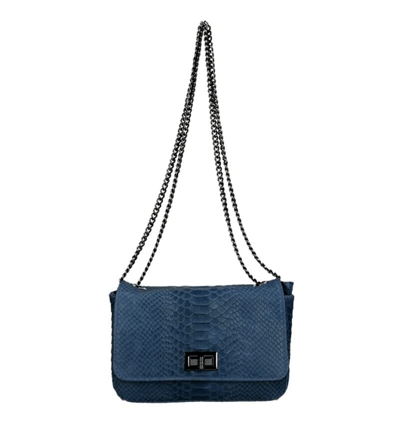 Leren Schoudertas Eva Snake jeansblauw blauwe trendy leren schoudertas slangenprint donker metalen kettinghengsel kopen bestellen