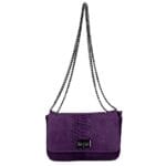 Leren Schoudertas Eva Snake paars paarse trendy leren schoudertas slangenprint donker metalen kettinghengsel kopen bestellen