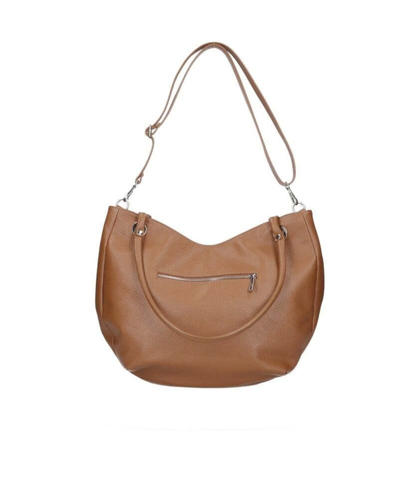 Leren Schoudertas Frieda cognac ruime leren schoudertas zilver beslag zacht leder kopen bestellen achterkant