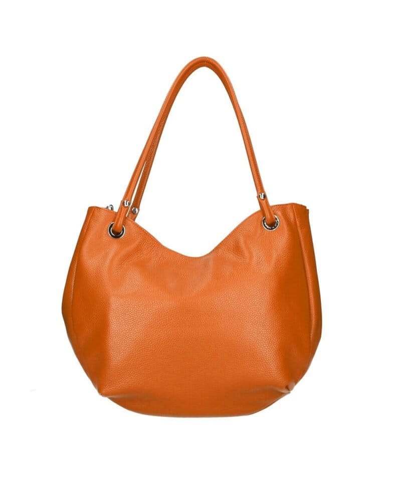 Leren Schoudertas Frieda donker oranje papaja ruime leren schoudertas zilver beslag zacht leder kopen bestellen