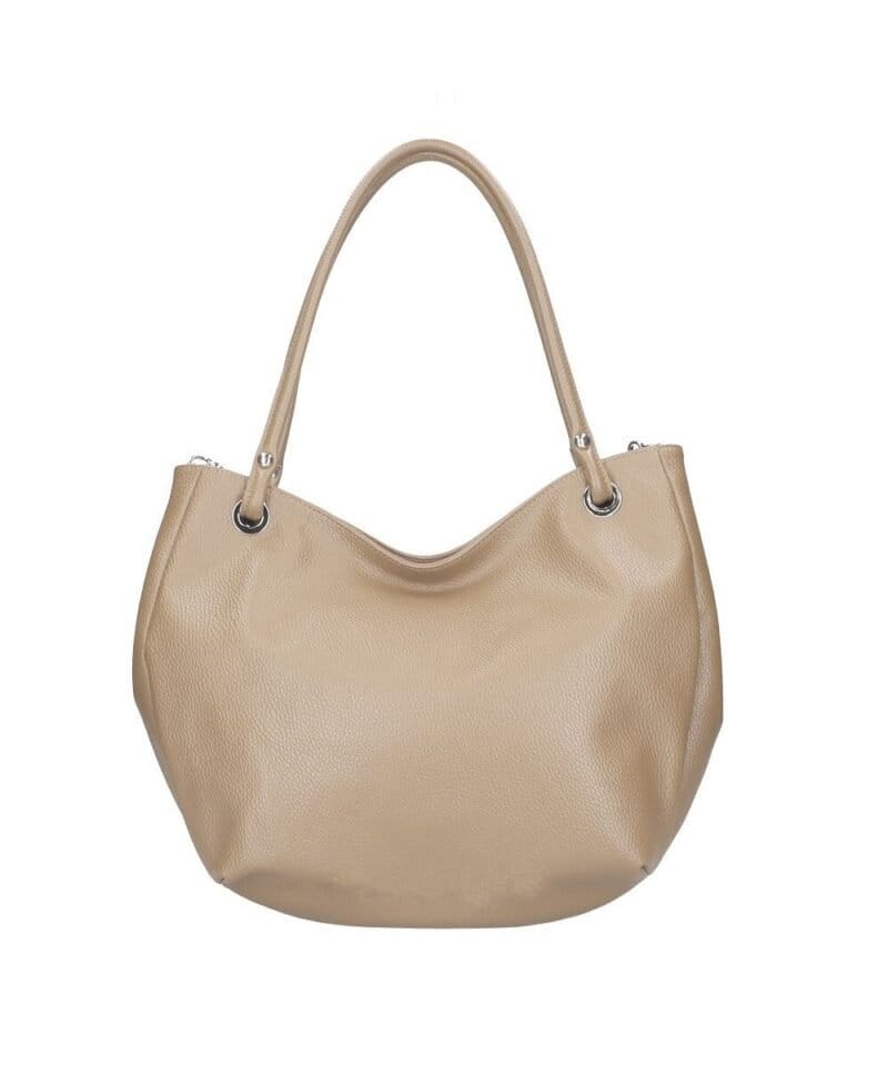 Leren Schoudertas Frieda taupe ruime leren schoudertas zilver beslag zacht leder kopen bestellen