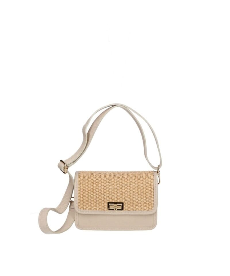 Leren Schoudertas Giada beige raffia details leer schoudertassen chqiue goud draaisluiting uniek kopen bestellen