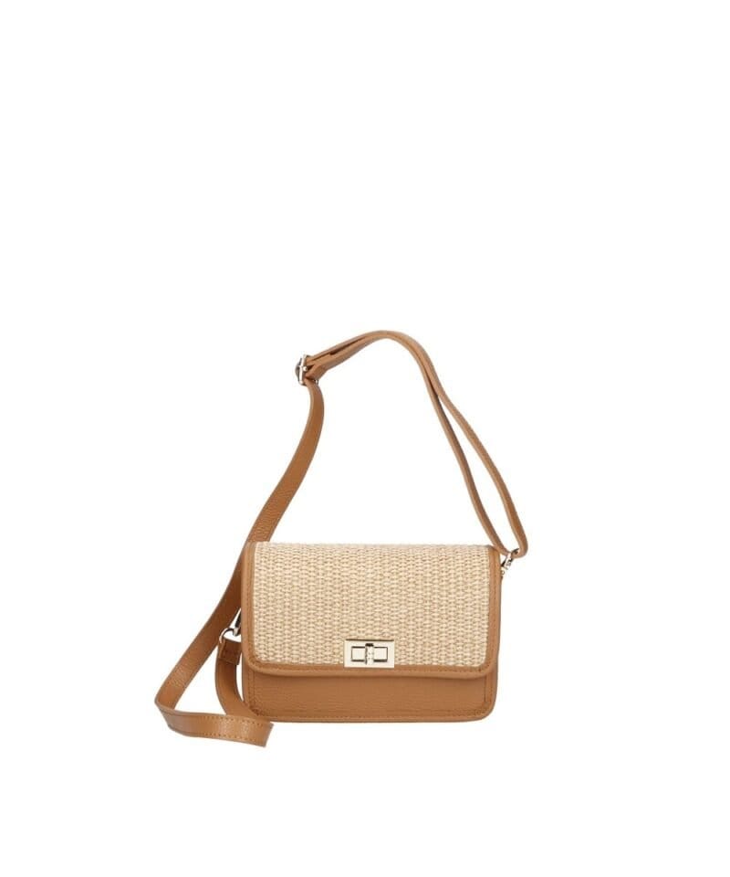 Leren Schoudertas Giada cognac raffia details leer schoudertassen chqiue goud draaisluiting uniek kopen bestellen