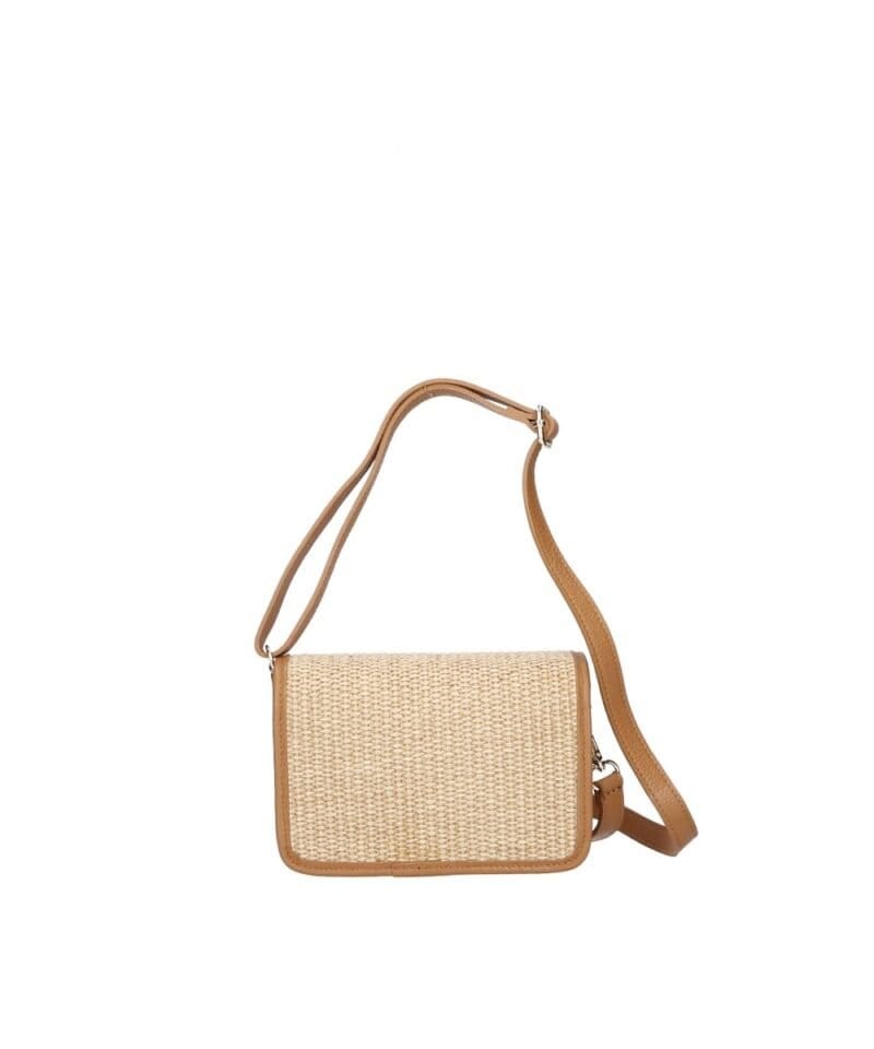 Leren Schoudertas Giada cognac raffia details leer schoudertassen chqiue goud draaisluiting uniek kopen bestellen achterkant