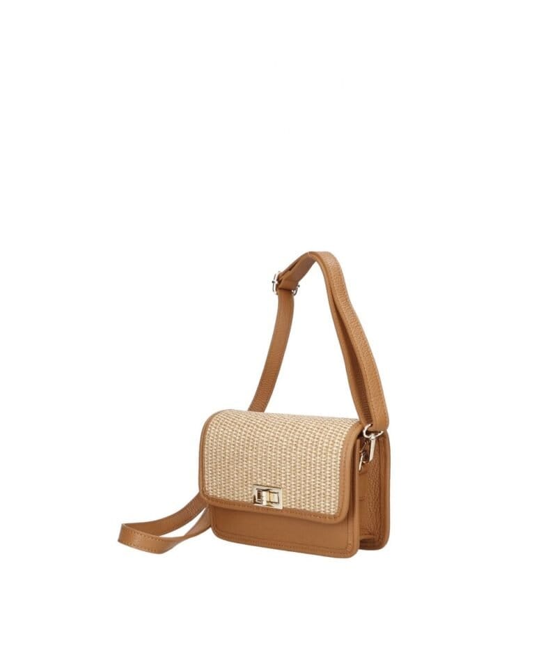Leren Schoudertas Giada cognac raffia details leer schoudertassen chqiue goud draaisluiting uniek kopen bestellen zij