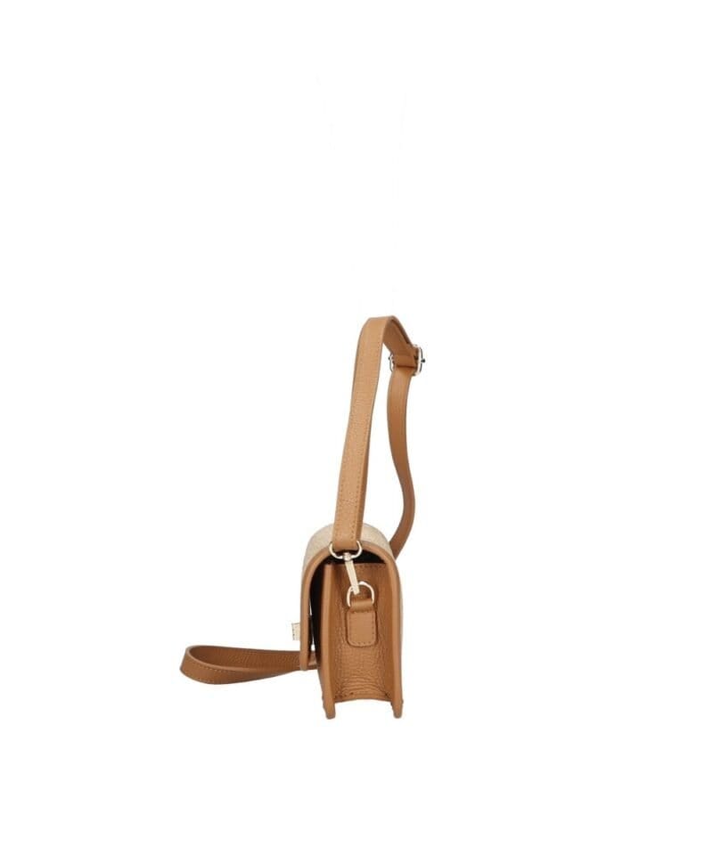 Leren Schoudertas Giada cognac raffia details leer schoudertassen chqiue goud draaisluiting uniek kopen bestellen zijkant