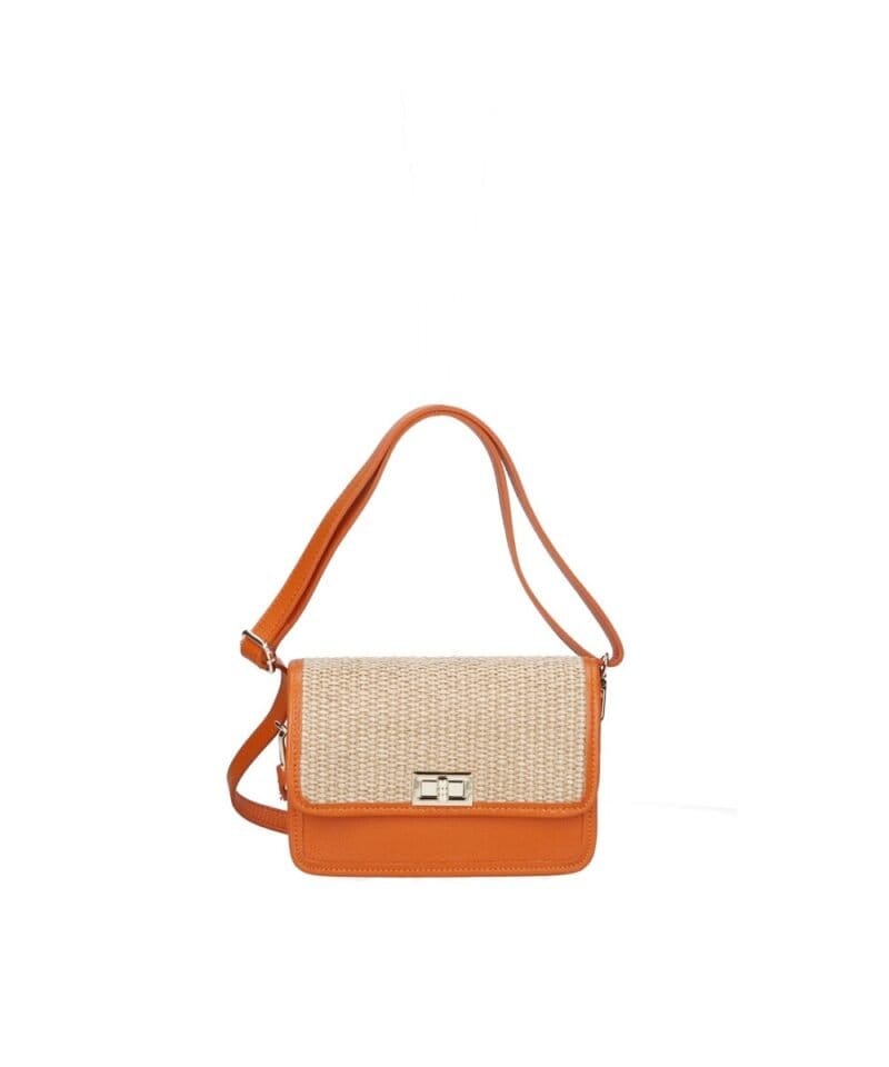 Leren Schoudertas Giada oranje raffia details leer schoudertassen chqiue goud draaisluiting uniek kopen bestellen