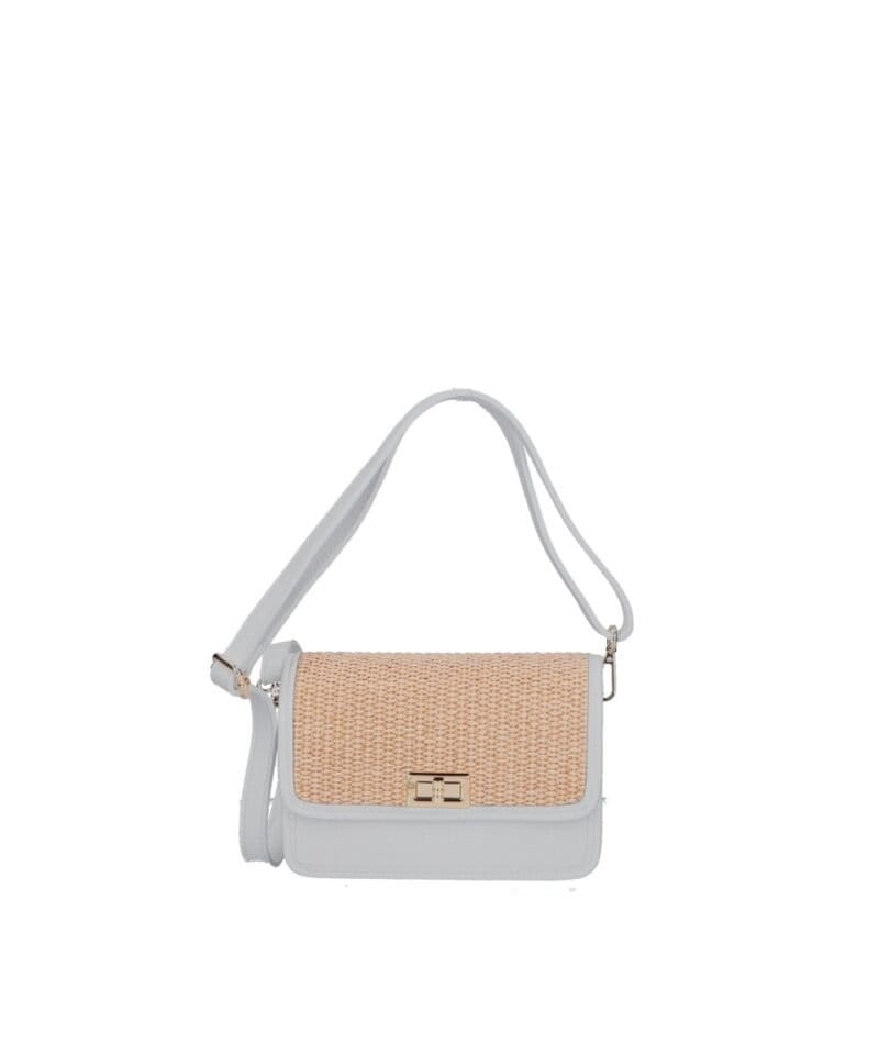 Leren Schoudertas Giada wit witte raffia details leer schoudertassen chqiue goud draaisluiting uniek kopen bestellen