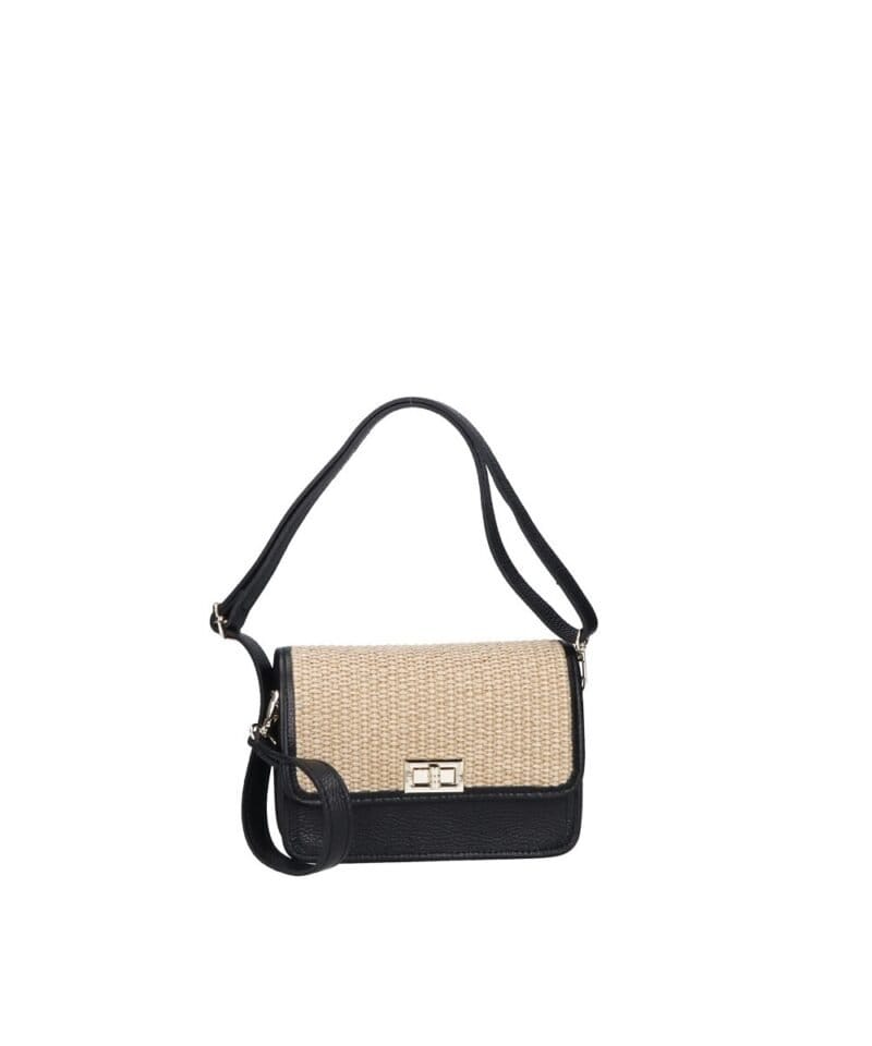 Leren Schoudertas Giada zwart zwarte raffia details leer schoudertassen chqiue goud draaisluiting uniek kopen bestellen