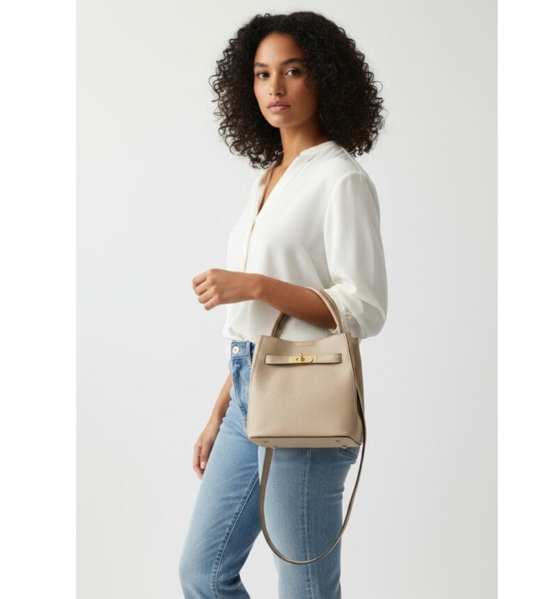 Leren Schoudertas Gioia taupe stevig Bag in Bag losse etui gouden draaislot fashion italiaans leer dames tassen kopen bestellen model 1