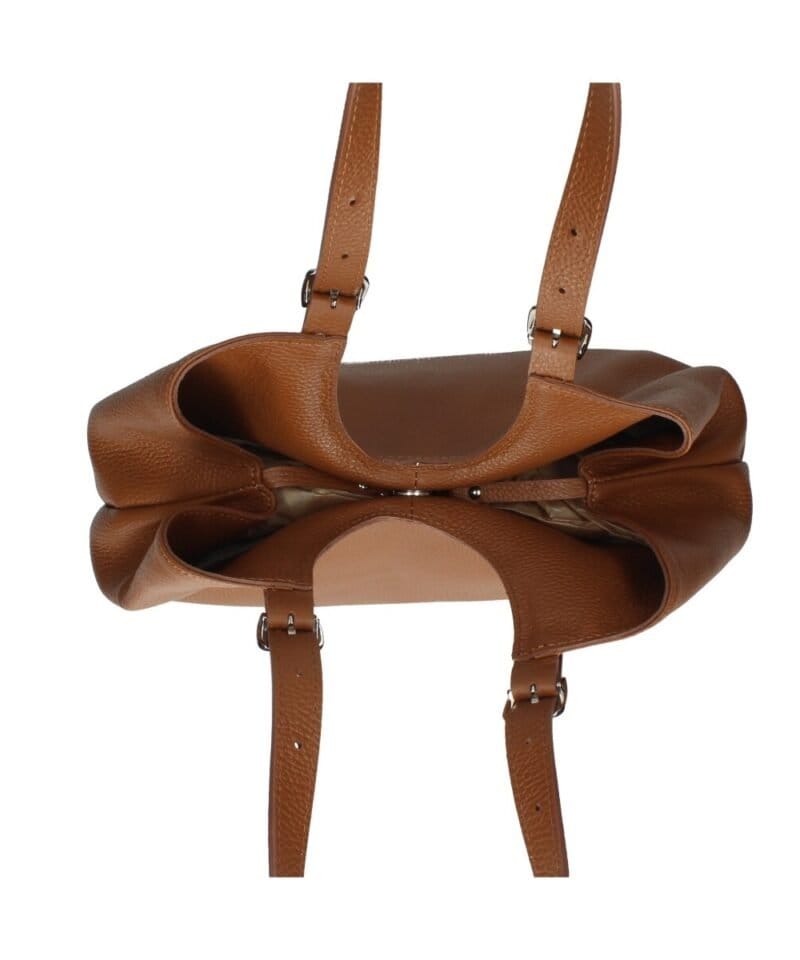 Leren Schoudertas Manuela cognac ruime leren schoudertassen shoppers meervaks soepel chique tassen kopen bestellen drukknoop