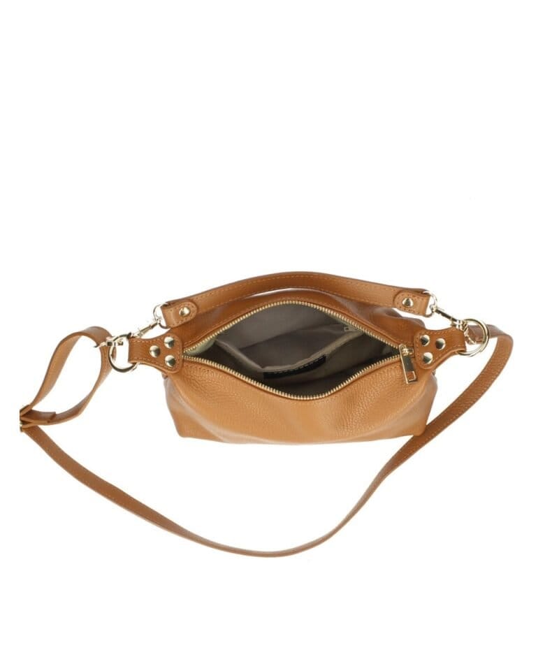 Leren Schoudertas Mary cognac zacht leren schoudertassen kort en lang hengsel zilver beslag kopen bestellen binnenkant