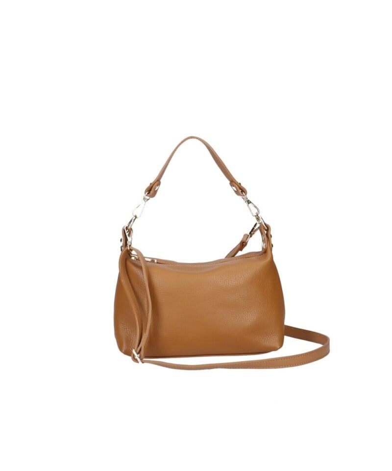 Leren Schoudertas Mary cognac zacht leren schoudertassen kort en lang hengsel zilver beslag kopen bestellen chique