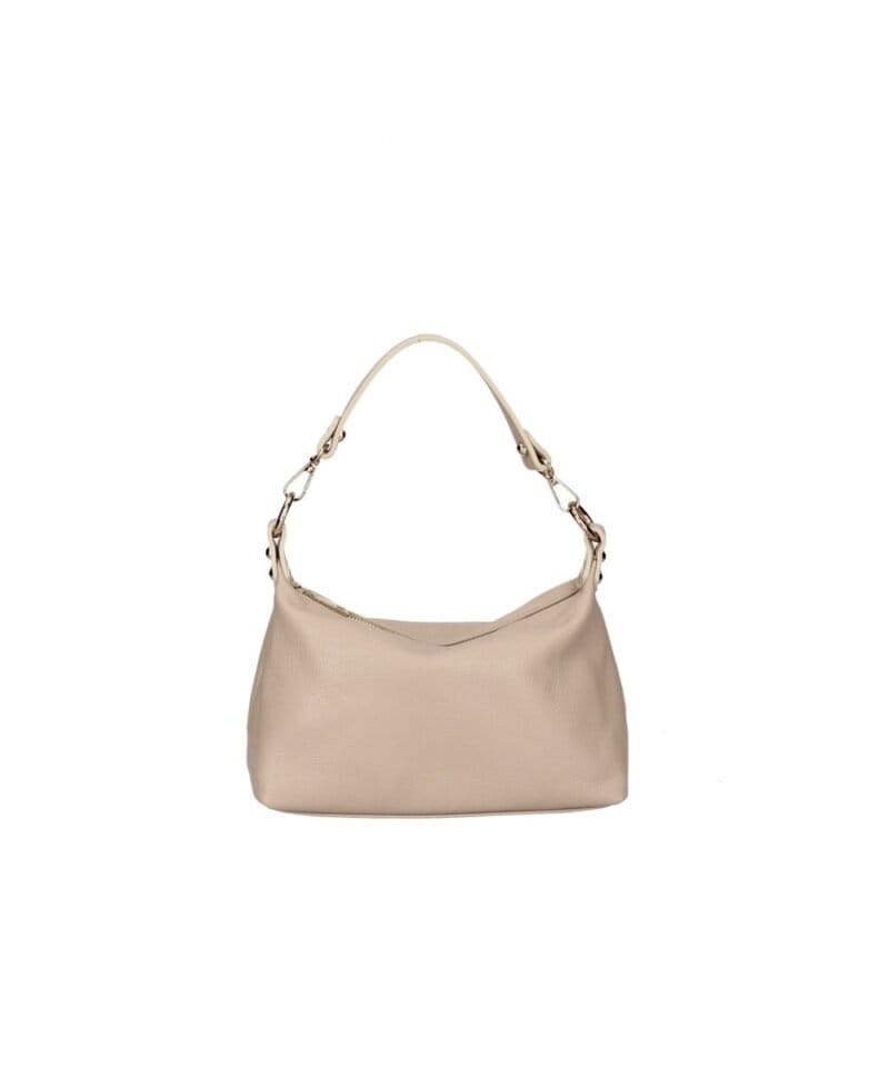 Leren Schoudertas Mary taupe zacht leren schoudertassen kort en lang hengsel zilver beslag kopen bestellen