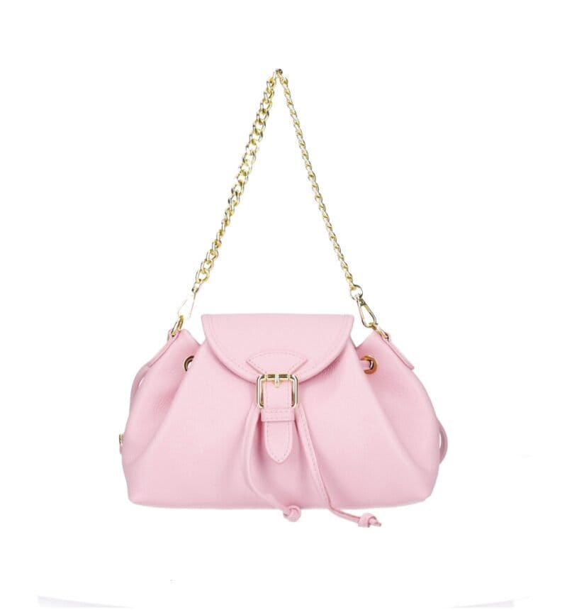 Leren Schoudertas Morgana babyroze snoeproze roze trekkoord flap kettinghengsel leer schoudertassen crossbodytas kopen bestellen chique