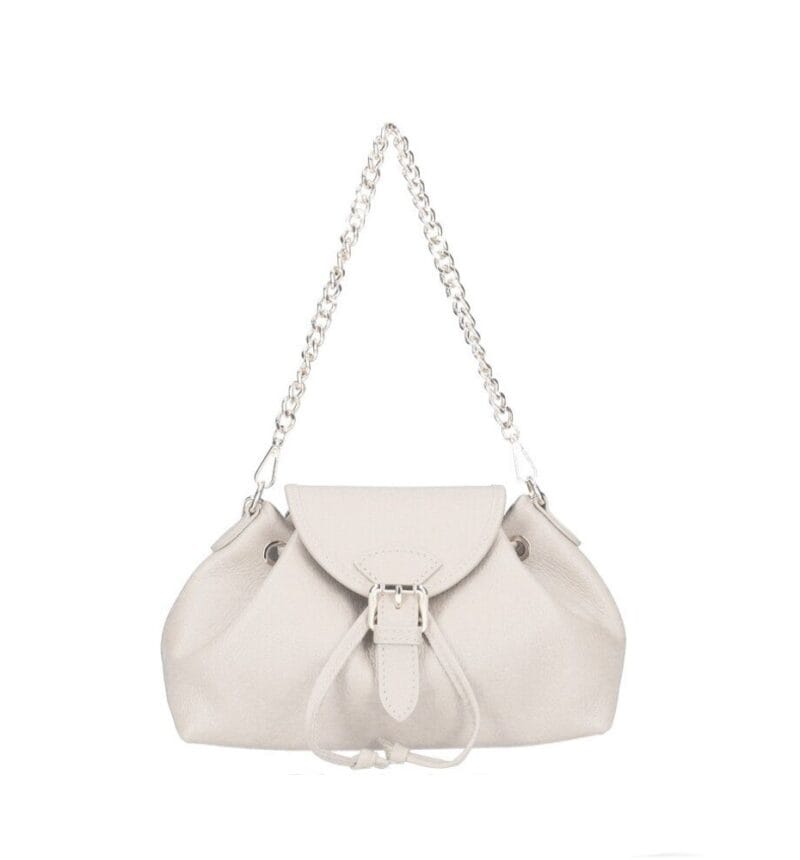 Leren Schoudertas Morgana beige trekkoord flap kettinghengsel leer schoudertassen crossbodytas kopen bestellen chique