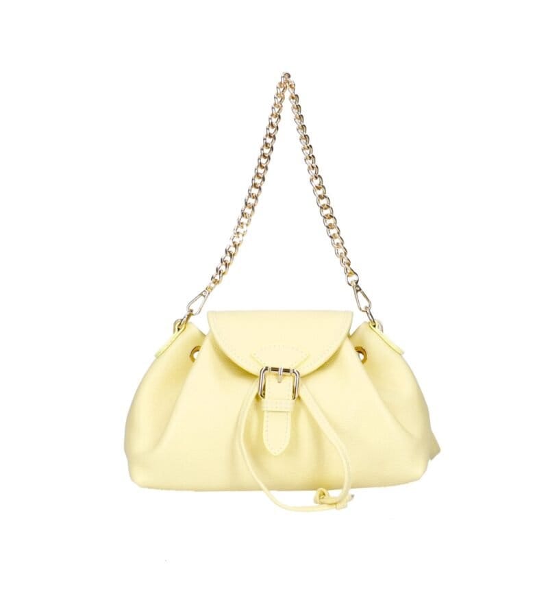 Leren Schoudertas Morgana citroengeel gele trekkoord flap kettinghengsel leer schoudertassen crossbodytas kopen bestellen chique