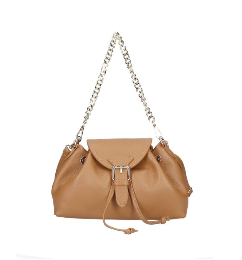Leren Schoudertas Morgana cognac trekkoord flap kettinghengsel leer schoudertassen crossbodytas kopen bestellen chique