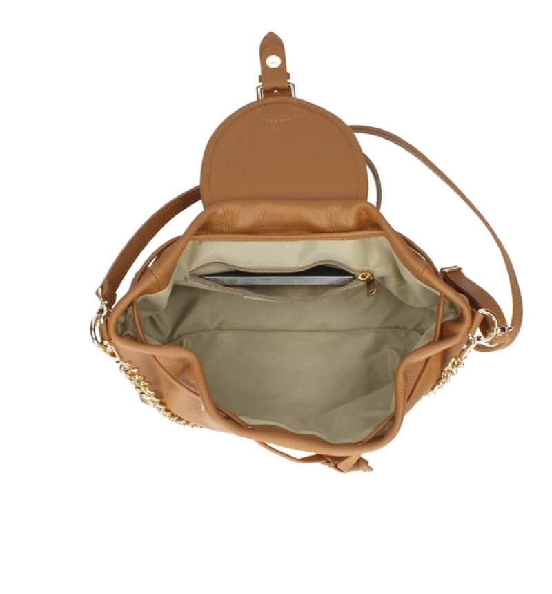 Leren Schoudertas Morgana cognac trekkoord flap kettinghengsel leer schoudertassen crossbodytas kopen bestellen chique binnenkant