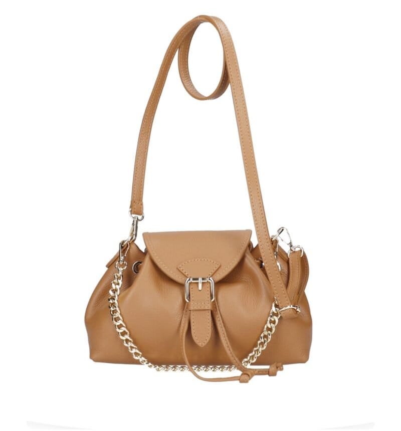 Leren Schoudertas Morgana cognac trekkoord flap kettinghengsel leer schoudertassen crossbodytas kopen bestellen chique extra