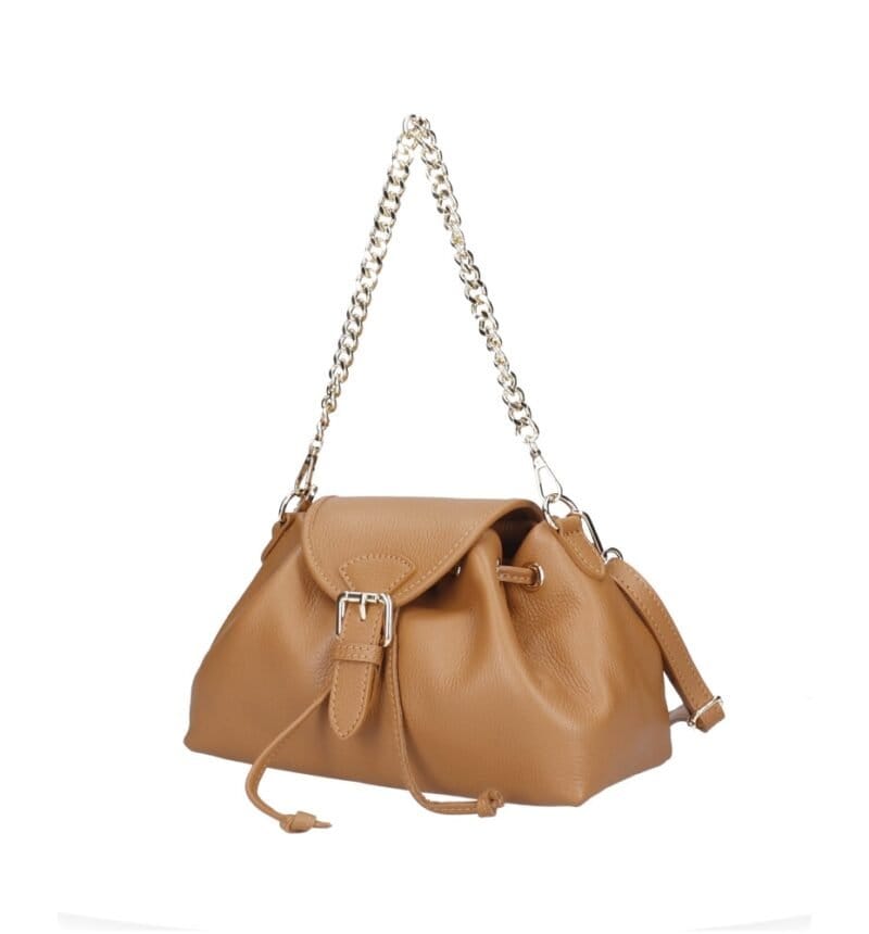 Leren Schoudertas Morgana cognac trekkoord flap kettinghengsel leer schoudertassen crossbodytas kopen bestellen chique zij