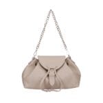 Leren Schoudertas Morgana taupe trekkoord flap kettinghengsel leer schoudertassen crossbodytas kopen bestellen chique