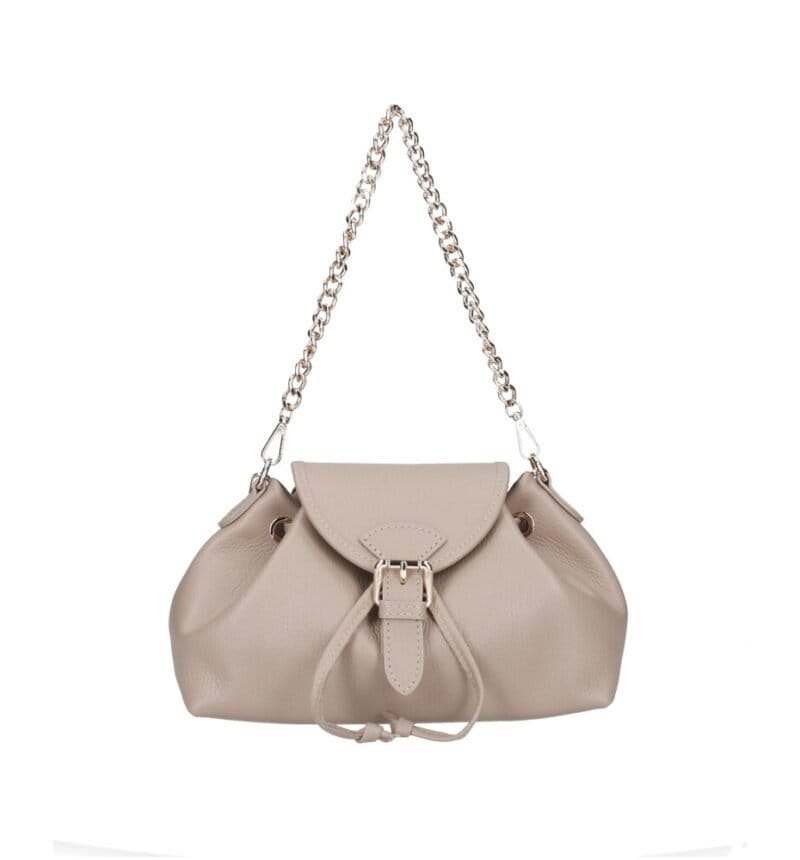 Leren Schoudertas Morgana taupe trekkoord flap kettinghengsel leer schoudertassen crossbodytas kopen bestellen chique