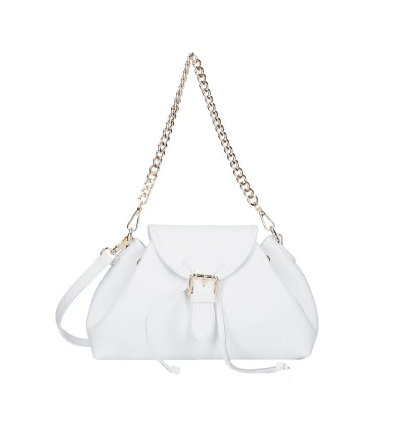 Leren Schoudertas Morgana wit witte trekkoord flap kettinghengsel leer schoudertassen crossbodytas kopen bestellen chique