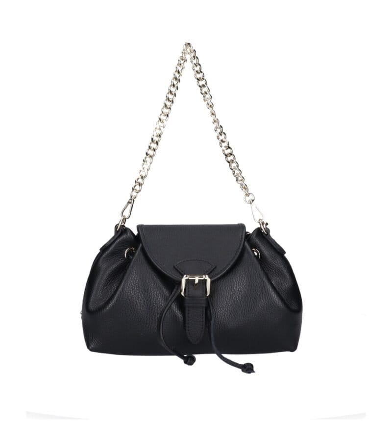 Leren Schoudertas Morgana zwart zwarte trekkoord flap kettinghengsel leer schoudertassen crossbodytas kopen bestellen chique