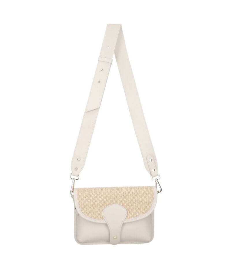 Leren Schoudertas Noa beige raffia details leer schoudertassen chqiue goud beslag uniek kopen bestellen