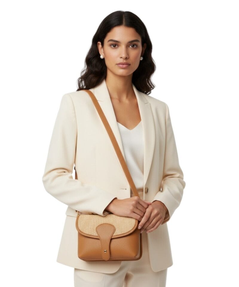 Leren Schoudertas Noa cognac raffia details leer schoudertassen chqiue goud beslag uniek kopen bestellen model 1