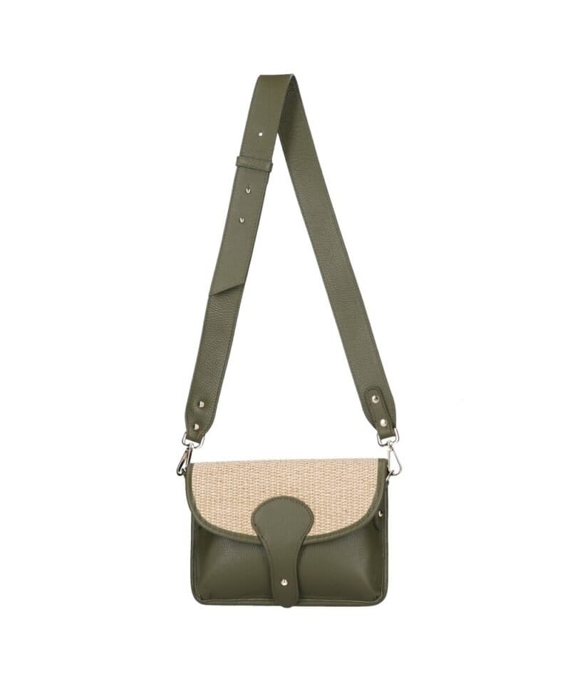 Leren Schoudertas Noa olijfgroen groene raffia details leer schoudertassen chqiue goud beslag uniek kopen bestellen