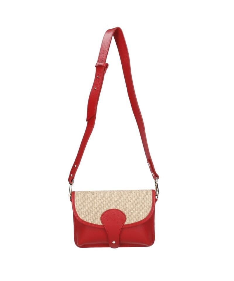 Leren Schoudertas Noa rood rode raffia details leer schoudertassen chqiue goud beslag uniek kopen bestellen