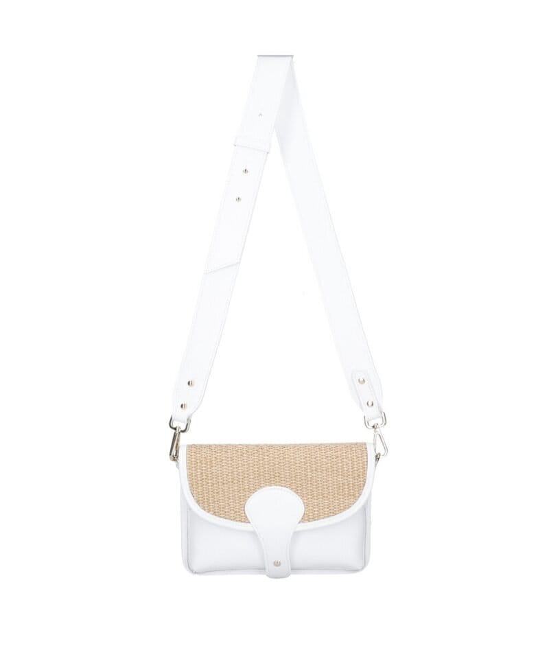 Leren Schoudertas Noa wit witte raffia details leer schoudertassen chqiue goud beslag uniek kopen bestellen