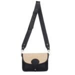 Leren Schoudertas Noa zwart zwarte raffia details leer schoudertassen chqiue goud beslag uniek kopen bestellen