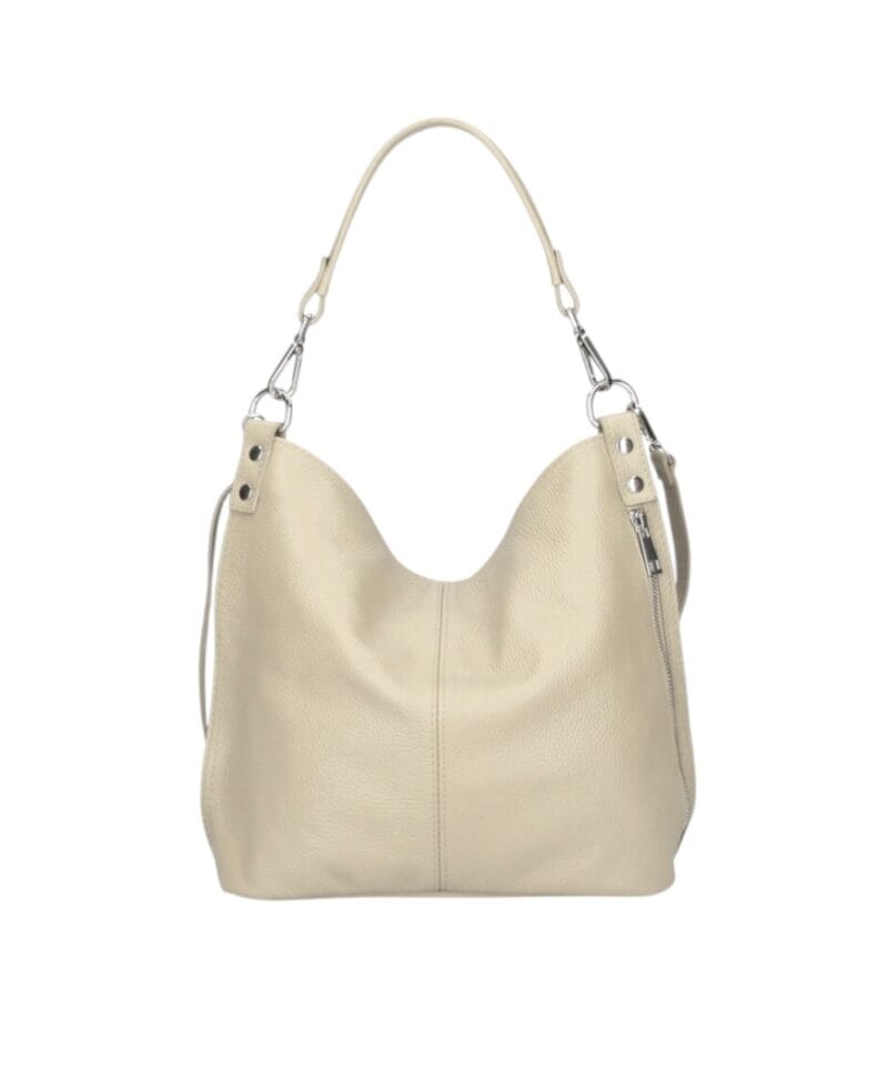 Leren Schoudertas Rebecca beige zacht leer schoudertassen zilver beslag extra vakken trendy dames tassen kopen bestellen-Photoroom