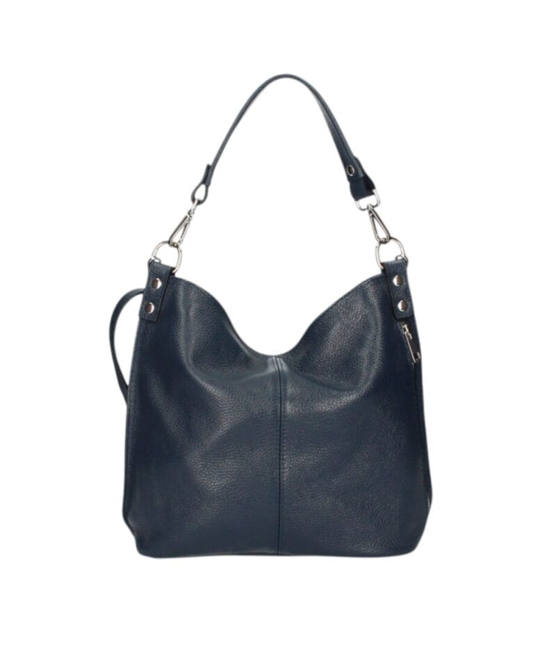 Leren Schoudertas Rebecca donker blauw blauwe navy zacht leer schoudertassen zilver beslag extra vakken trendy dames tassen kopen bestellen-Photoroom