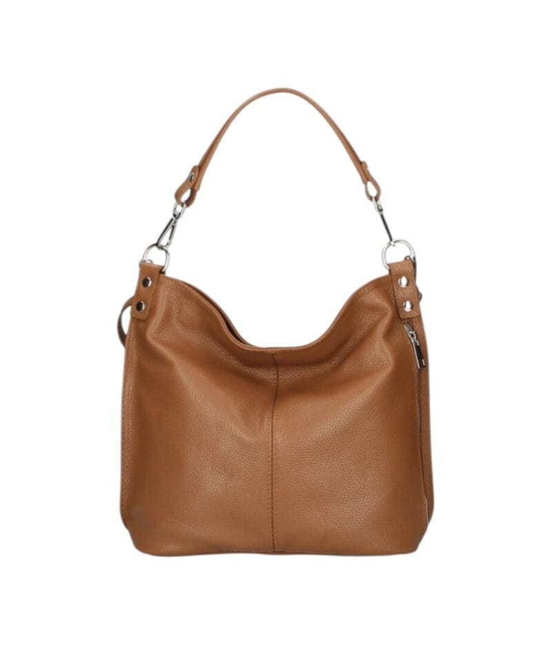 Leren Schoudertas Rebecca donker cognac zacht leer schoudertassen zilver beslag extra vakken trendy dames tassen kopen bestellen-Photoroom