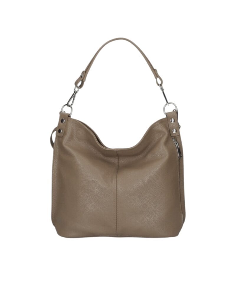 Leren Schoudertas Rebecca donker taupe zacht leer schoudertassen zilver beslag extra vakken trendy dames tassen kopen bestellen-Photoroom
