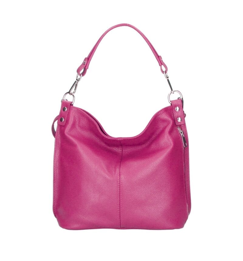 Leren Schoudertas Rebecca fuchsia zacht leer schoudertassen zilver beslag extra vakken trendy dames tassen kopen bestellen