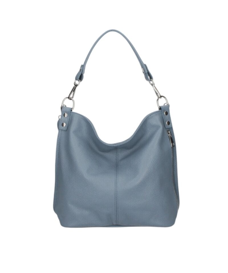 Leren Schoudertas Rebecca hemelsblauw blauwe . zacht leer schoudertassen zilver beslag extra vakken trendy dames tassen kopen bestellen-Photoroom