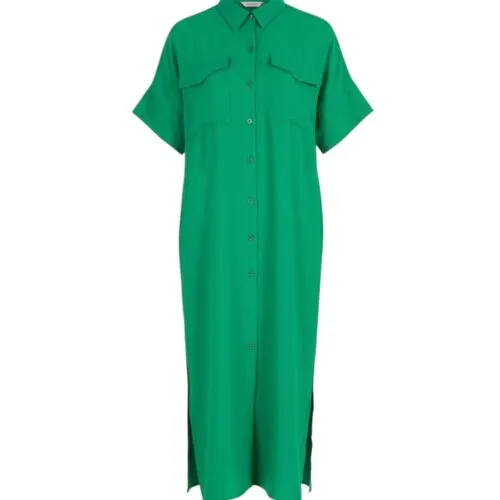 Maxi Jurk Linda groen groene lange doorknoop jurken dames kleding zomer jurken kraag zakken korte mouwen kopen bestellen-Photoroom