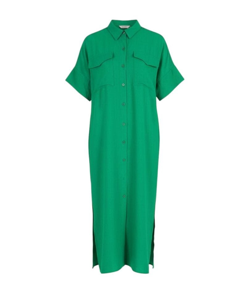 Maxi Jurk Linda groen groene lange doorknoop jurken dames kleding zomer jurken kraag zakken korte mouwen kopen bestellen-Photoroom