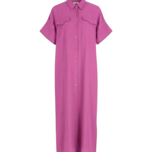 Maxi Jurk Linda magenta fuchsia lange doorknoop jurken dames kleding zomer jurken kraag zakken korte mouwen kopen bestellen-Photoroom