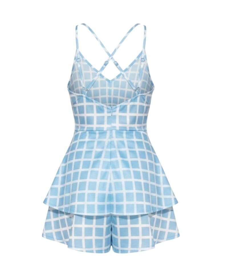 Playsuit Blue Summer-blauwe-blauw-korte-jumpsuit-witte strepen dames-kleding-festival-fashion-v-hals-kopen achter-Photoroom