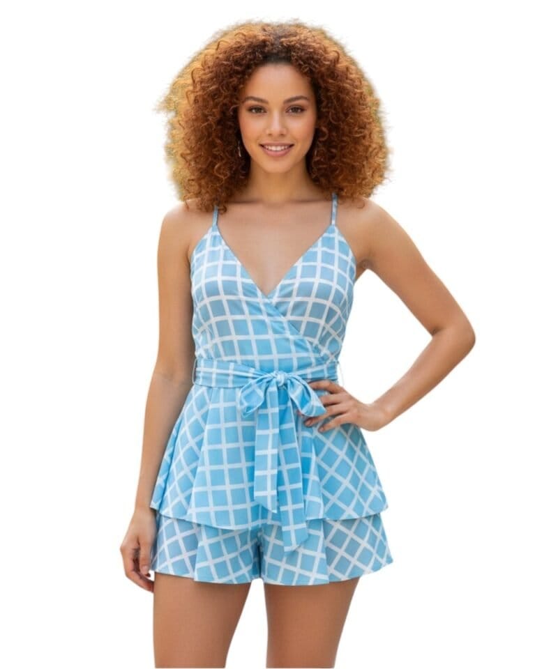 Playsuit Blue Summer-blauwe-blauw-korte-jumpsuit-witte strepen dames-kleding-festival-fashion-v-hals-kopen model-Photoroom