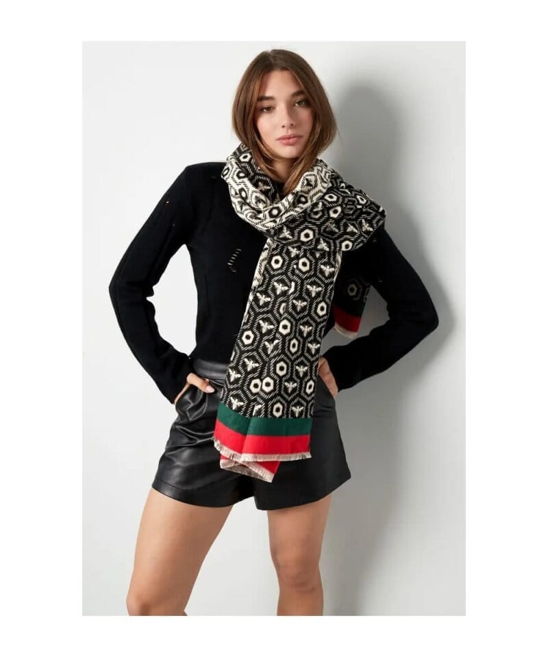 Sjaal Bee Love zwart wit groen rode print sjaal bijen print classy chique wintersjaals kopen bestellen detail