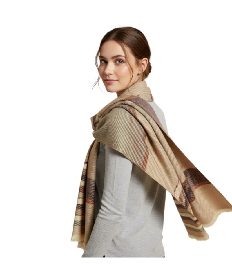 Sjaal Colorful Stripes beige bruin gestreepte en geblokte zachte warme viscose sjaals omslagdoeken kopen bestellen-Photoroom