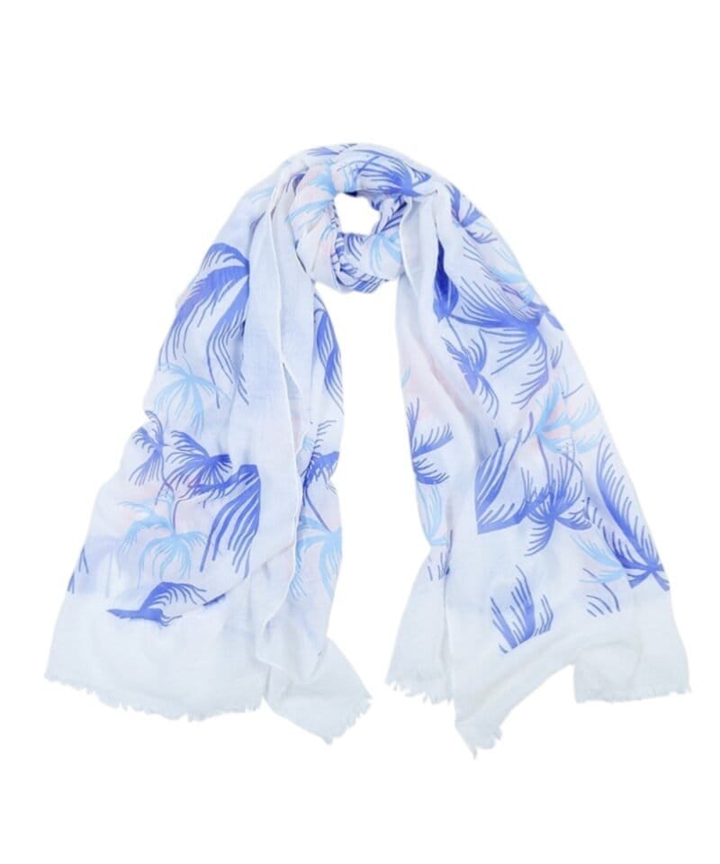 Sjaal Palm Tree-witte-sjaals-met-blauw-palmbomen-print-mooie-dames-sjaal-omslagdoeken-online-bestellen-Photoroom