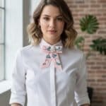 Strikdas Flamingo Pearls-roze-pink-broche-kraagjes-hemd-details-dames-dassen-stropdassen-groen-parels-print-musthave-fashion-kopen-model